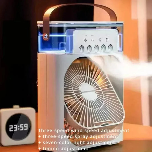 Compact white portable fan with water tank and adjustable spray, three-speed wind and light settings