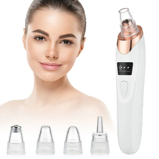 Facial pore vacuum blackhead remover device with four interchangeable suction heads and smiling woman