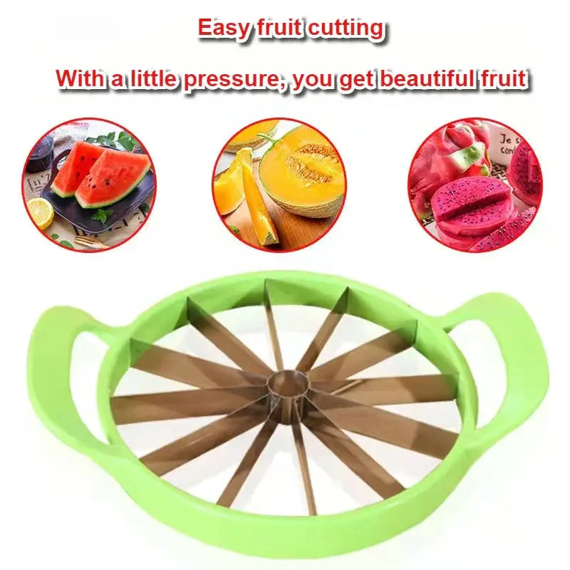 Green-handled stainless steel fruit slicer for easy cutting of watermelon, melon, and dragon fruit