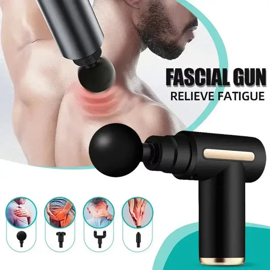 Black fascial gun massager relieving shoulder fatigue with four interchangeable heads shown