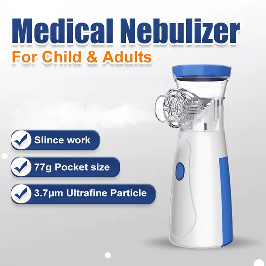Medical nebulizer device in white and blue for child and adults with portable pocket size and ultrafine particles