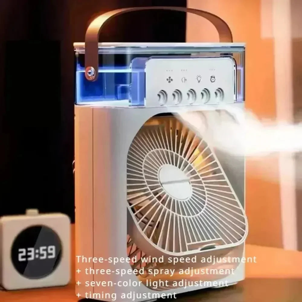 Compact white portable fan with water tank and adjustable spray, three-speed wind and light settings