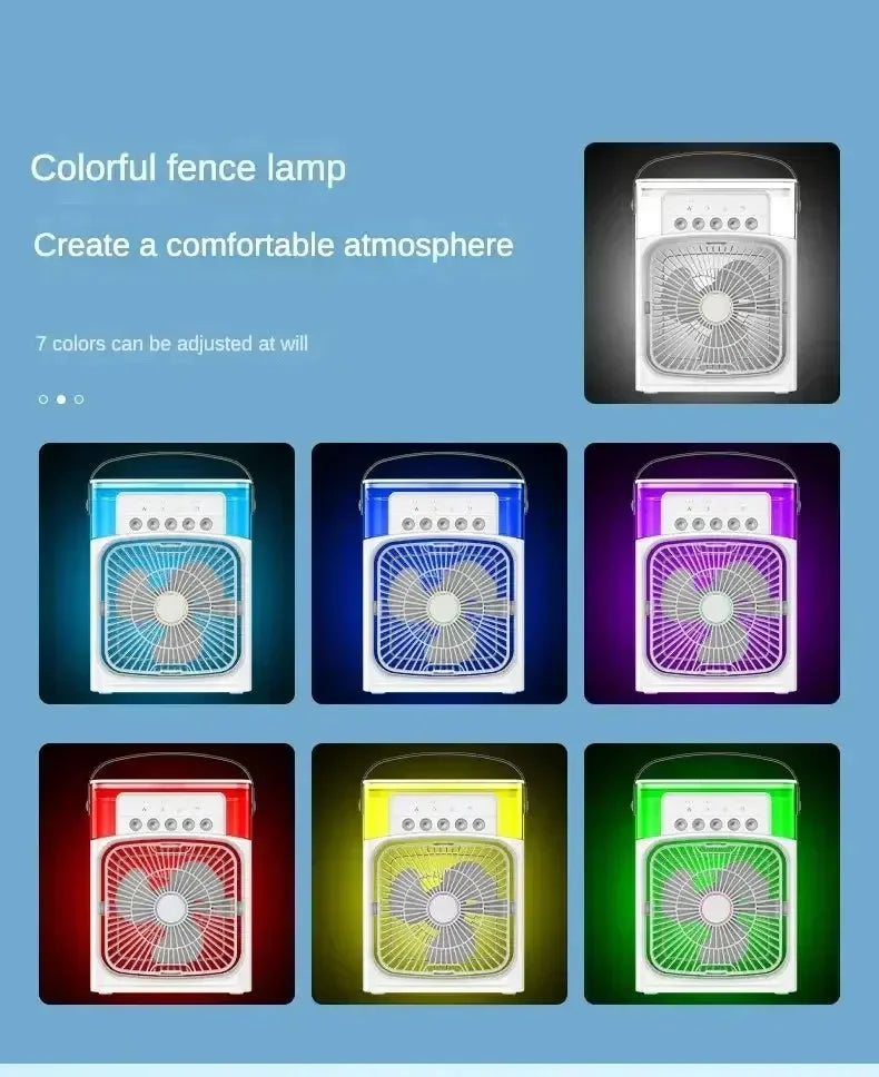 Colorful portable box fans with adjustable LED lights in seven vibrant colors creating comfortable atmosphere