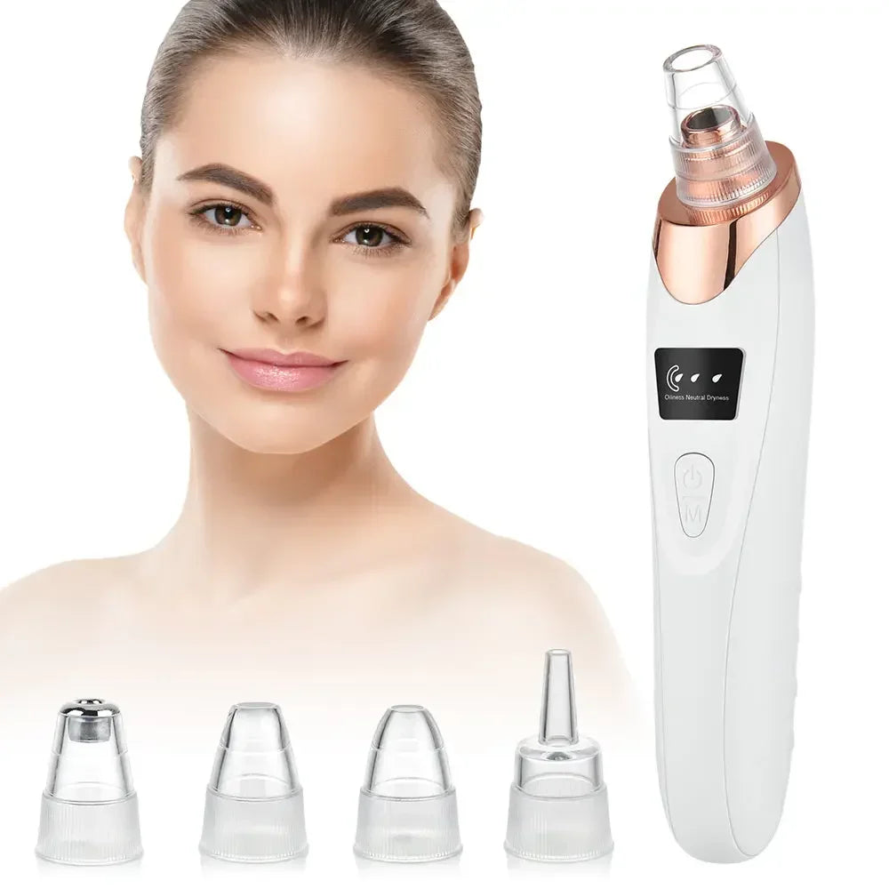 Facial pore vacuum blackhead remover device with four interchangeable suction heads and smiling woman