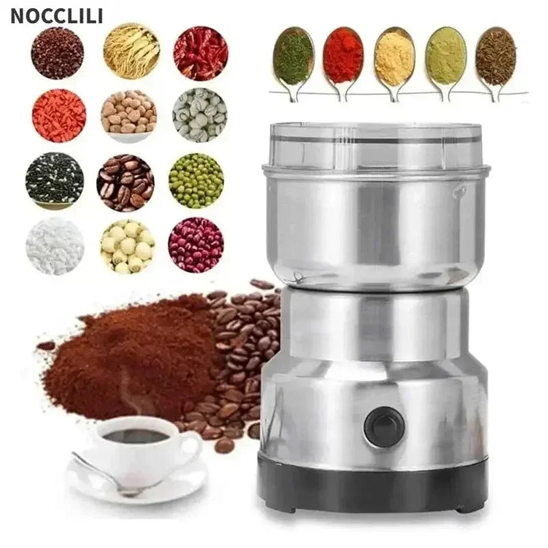 Electric stainless steel coffee grinder with various spices, coffee beans, and a cup of coffee