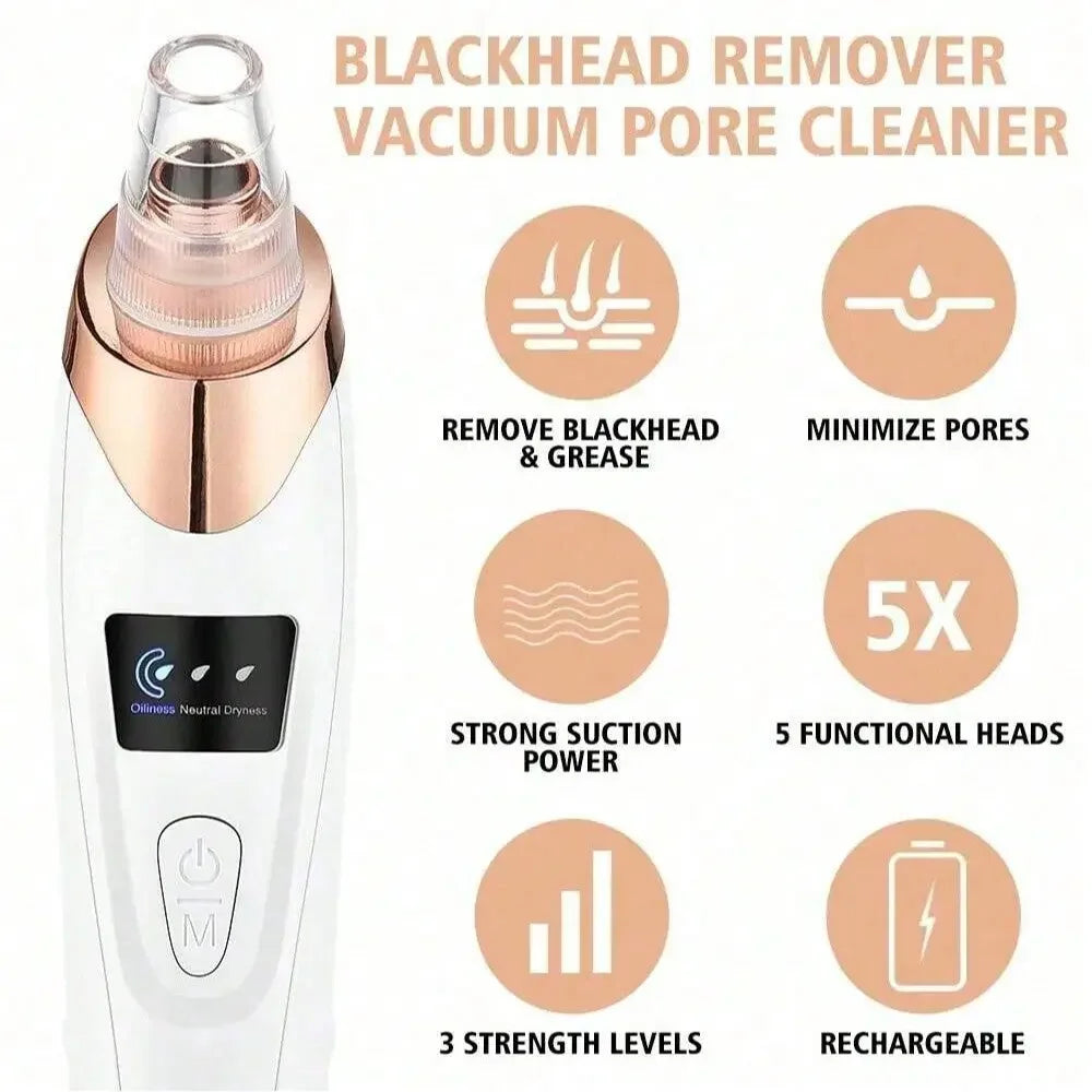 Blackhead remover vacuum pore cleaner with strong suction, 5 heads, 3 strength levels, rechargeable