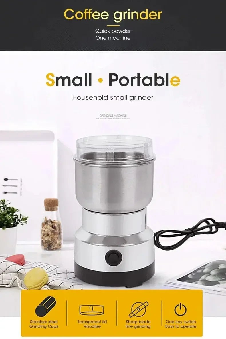 Small portable stainless steel coffee grinder with transparent lid and one-key switch