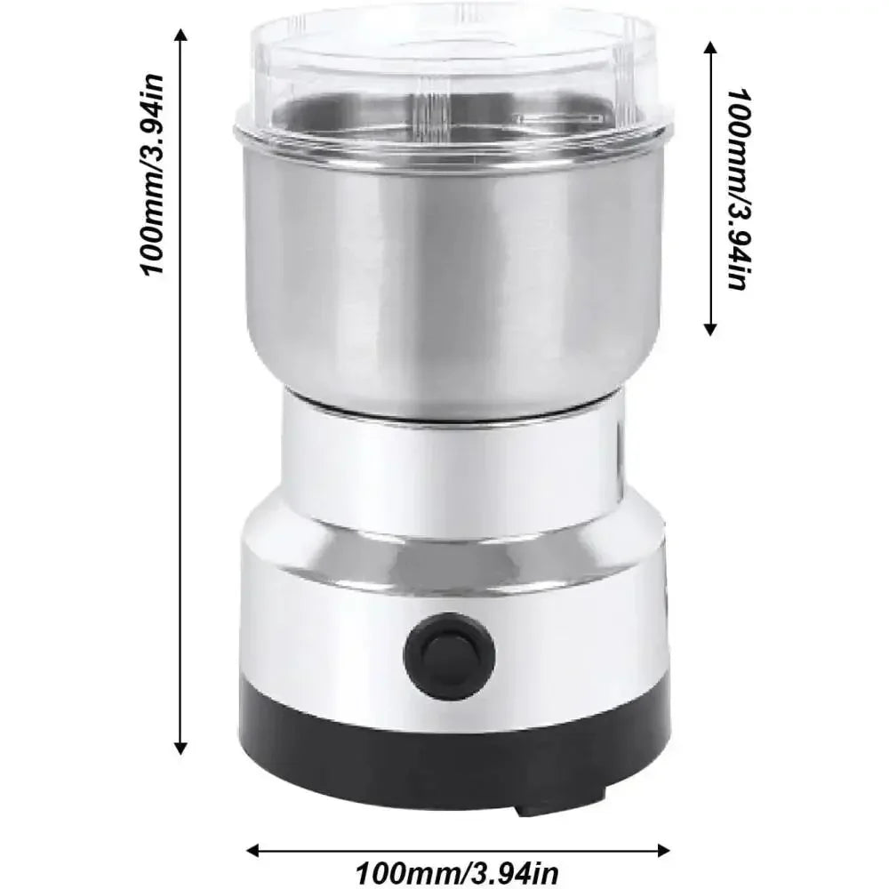 Compact stainless steel electric coffee grinder with transparent lid and black power button
