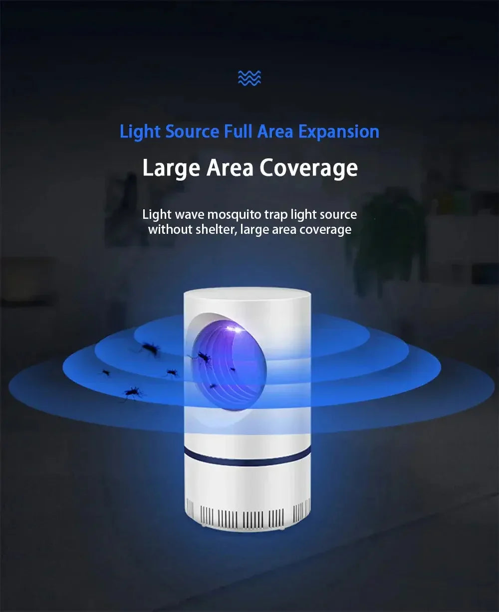 White cylindrical mosquito trap with blue light source emitting large area coverage in dark room