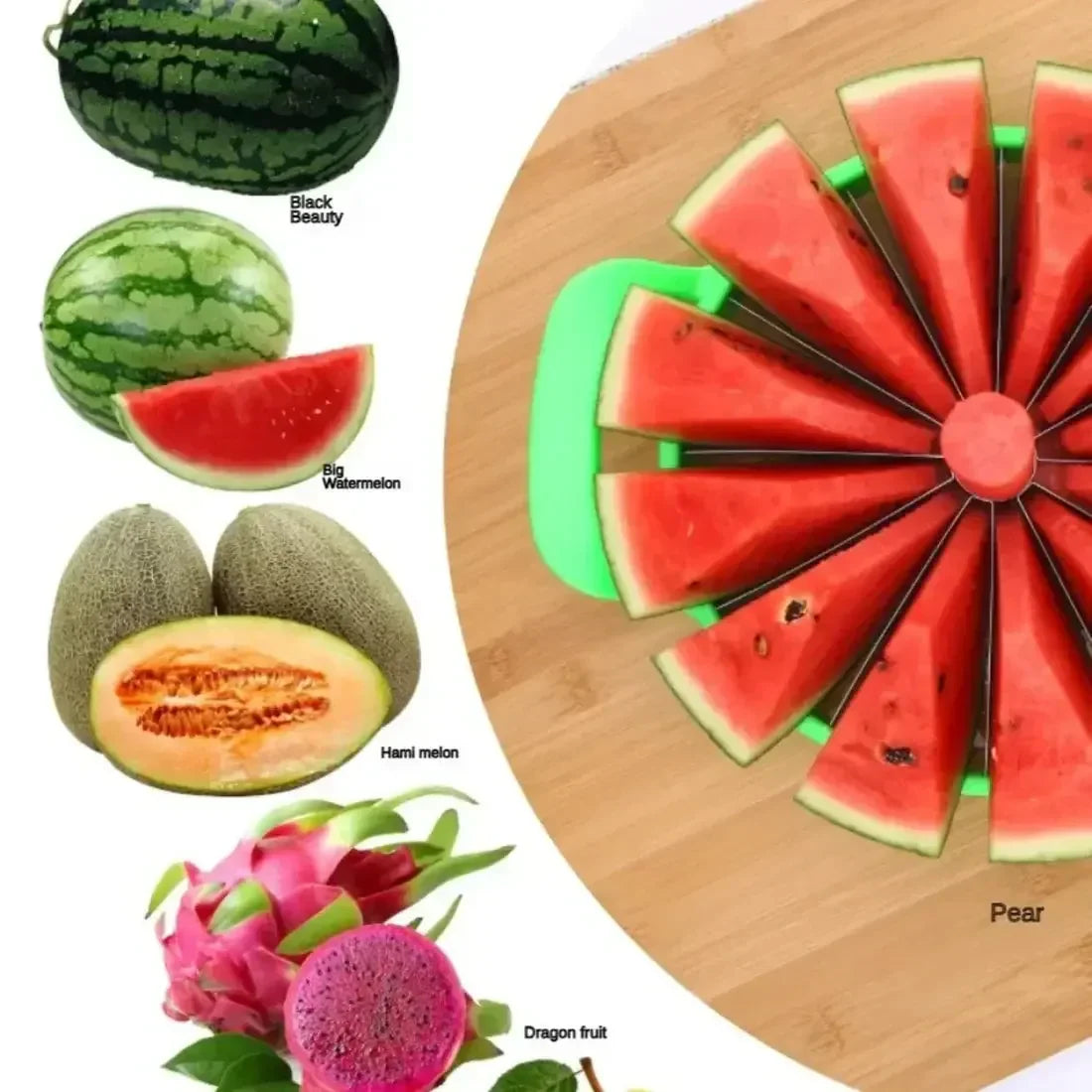 Sliced watermelon on green slicer and images of Black Beauty, Big Watermelon, Hami melon, and Dragon fruit