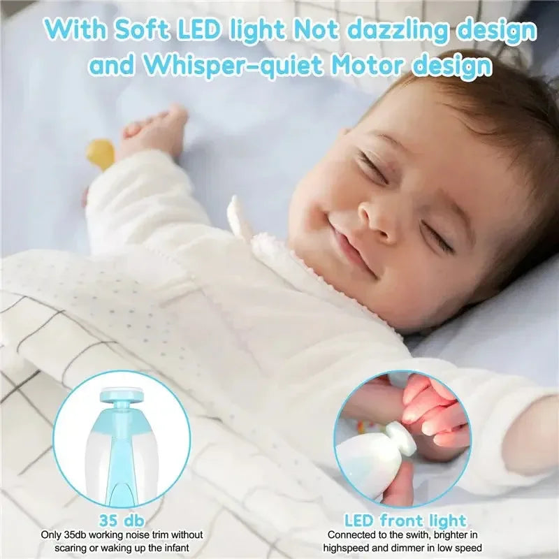 Sleeping baby in white pajamas with soft LED light and whisper-quiet nail trimmer design