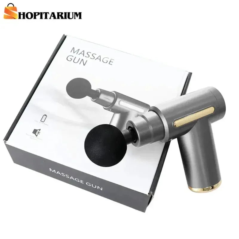 gray handheld massage gun with black round attachment on white box labeled Massage Gun