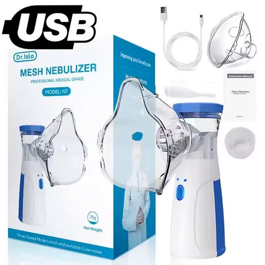 Dr. Isla USB Mesh Nebulizer model N7 with transparent mask, USB cable, and instruction manual