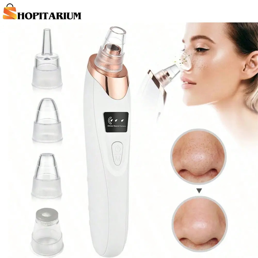 White and rose gold electric blackhead remover with five interchangeable suction heads and before after nose pore cleaning