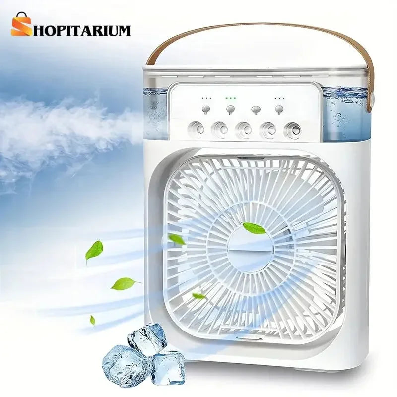 Portable white humidifier fan with water tank, mist output, and ice cubes for cooling air