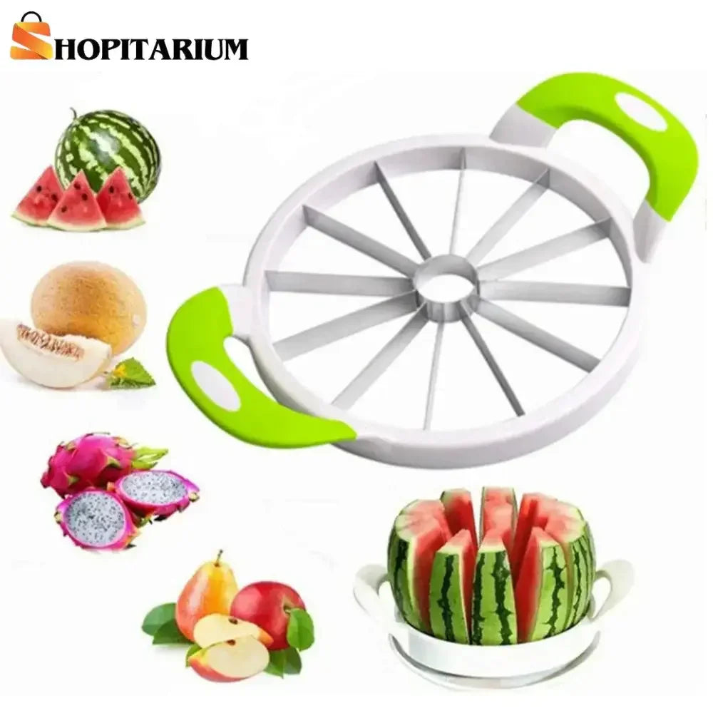 Round fruit slicer with green handles cutting watermelon, surrounded by watermelon, melon, dragon fruit, and apples