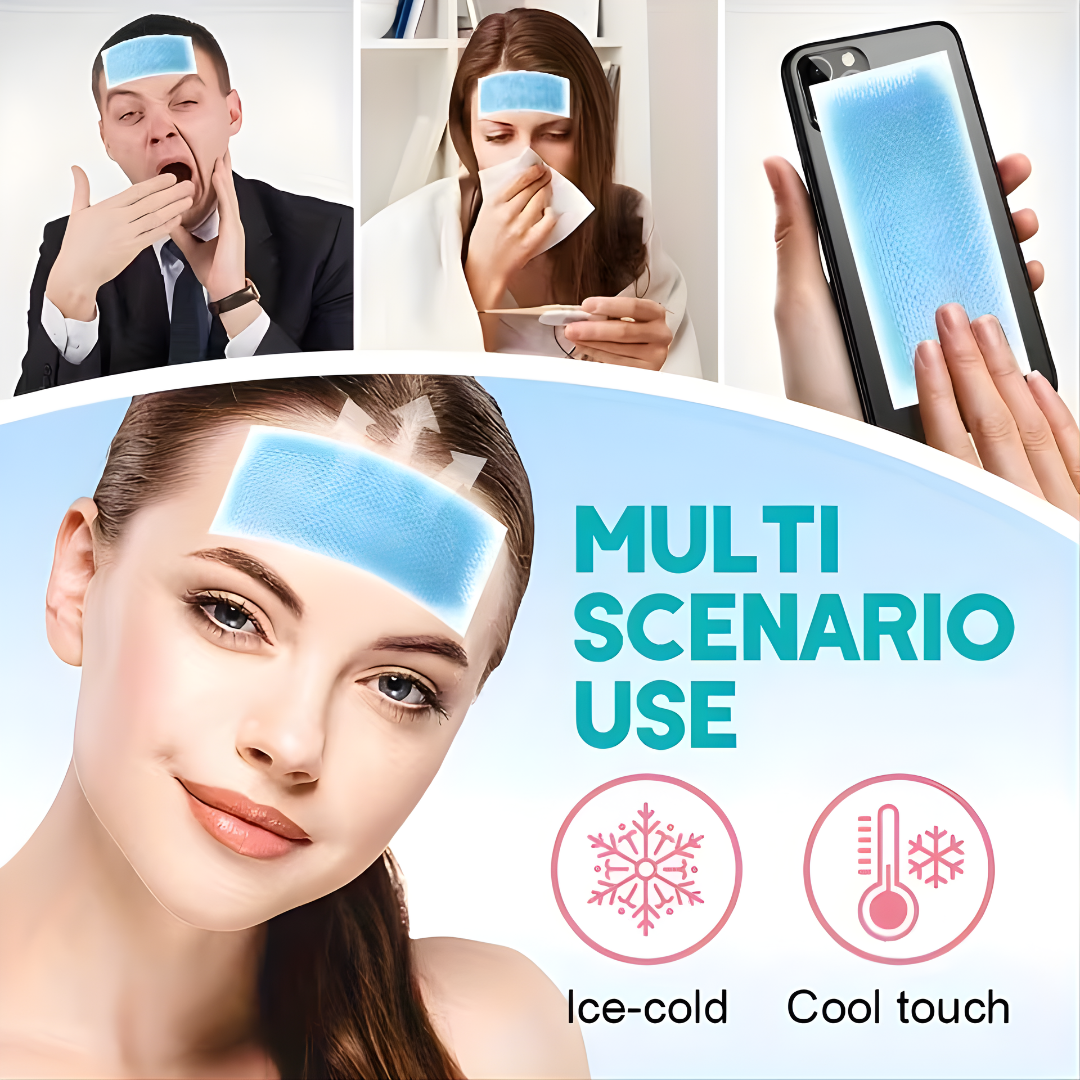 People using reusable blue cooling patches on forehead for migraine relief and fever cooling