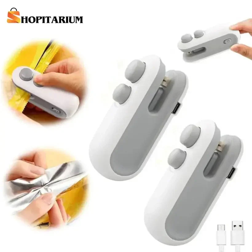Portable white and gray handheld electric bag heat sealer with USB charging cable for snack packaging