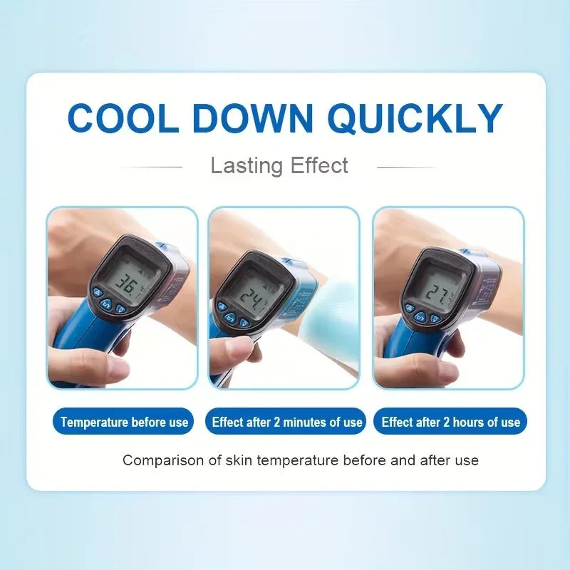 Infrared thermometer showing skin temperature cooling from 36°C to 24.4°C after 2 minutes and 27.3°C after 2 hours