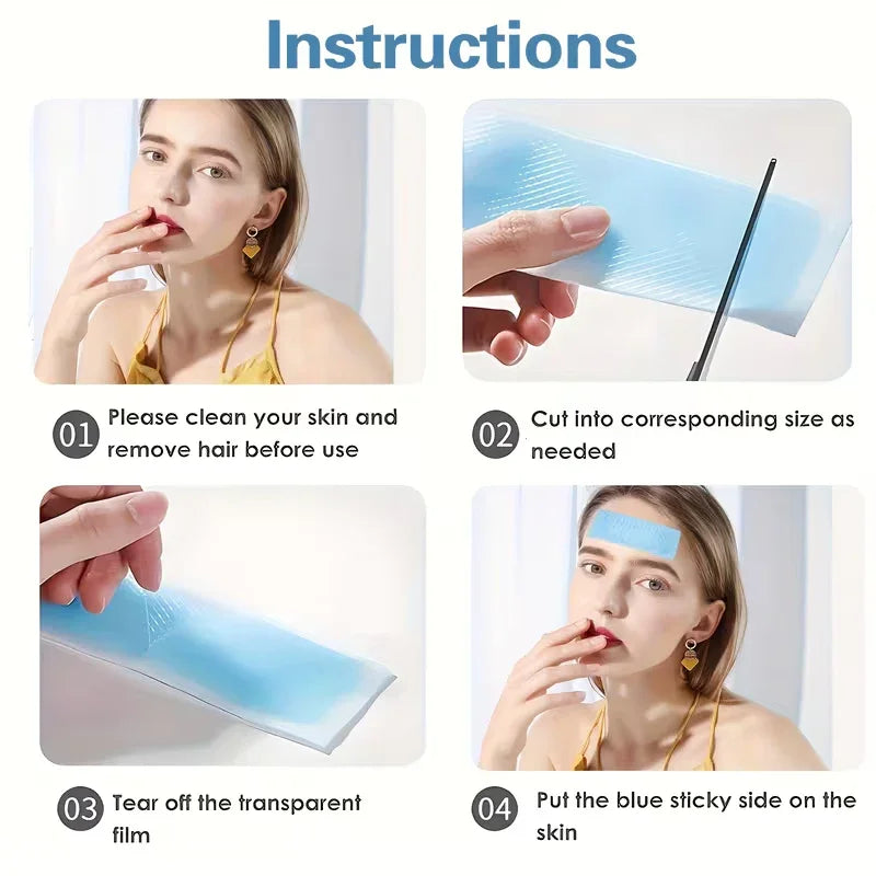 Step-by-step instructions for using blue sticky facial patches on skin, with model demonstrating application