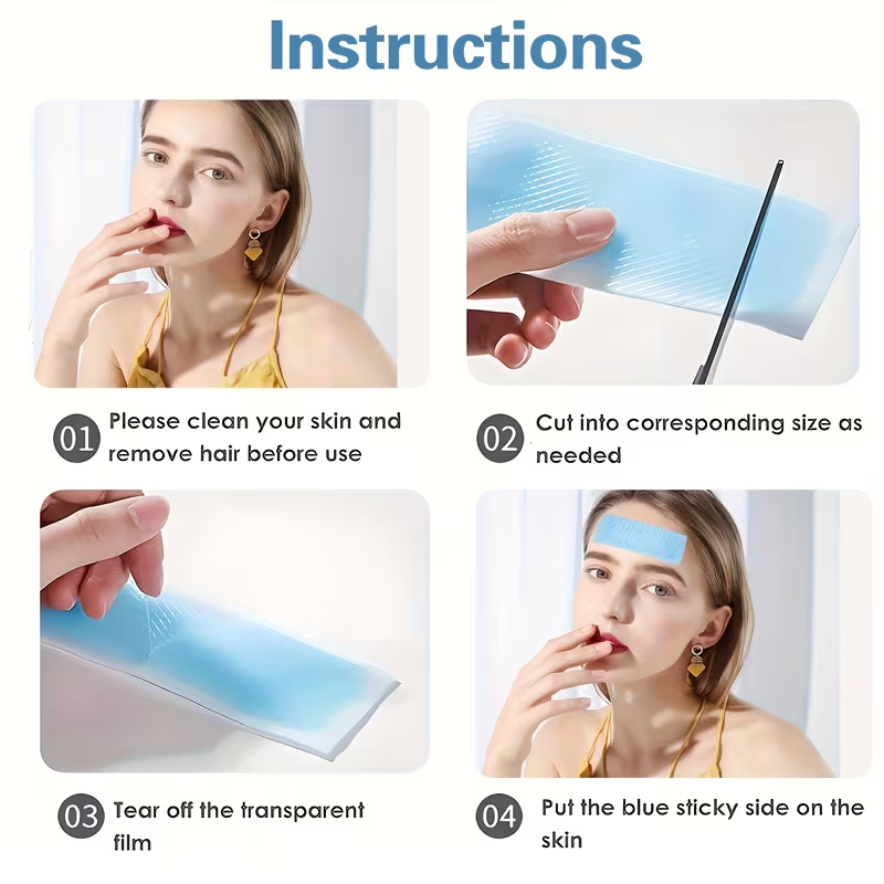 Instructions for using blue facial sticky patches with model demonstrating skin preparation and application steps