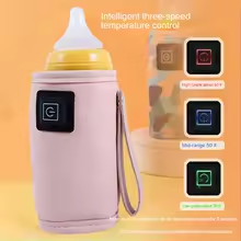Pink baby bottle with intelligent three-speed temperature control and digital display on orange background