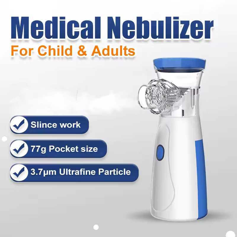Medical nebulizer device in white and blue for child and adults with portable pocket size and ultrafine particles
