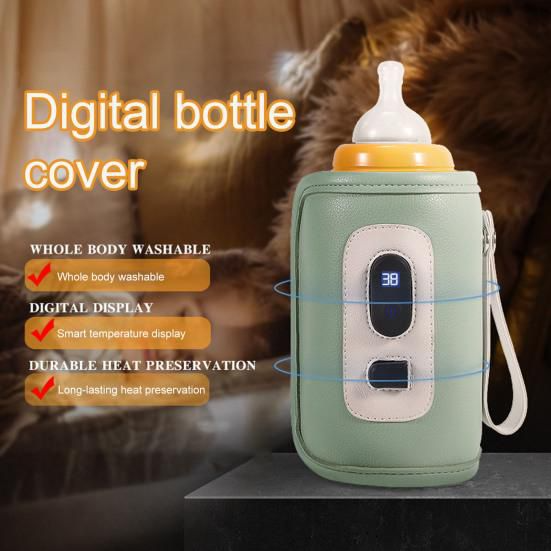 Digital baby bottle cover with smart temperature display, washable and heat preserving in green
