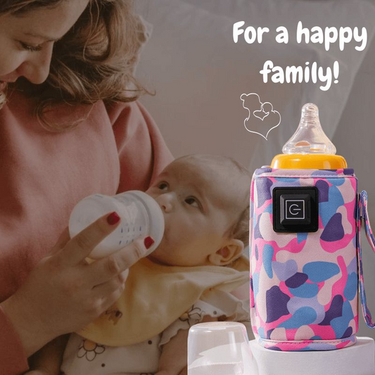 Mother feeding baby with bottle beside colorful insulated baby bottle holder saying For a happy family