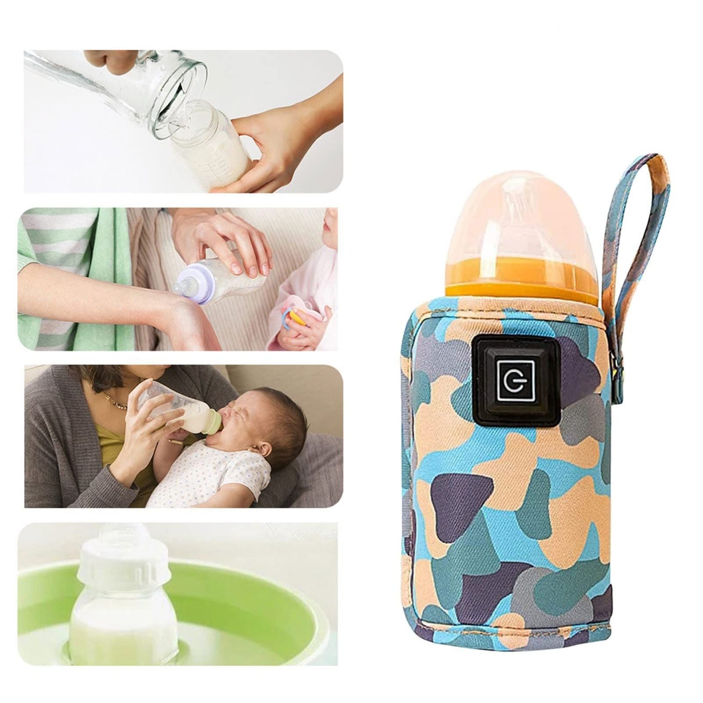 Camouflage baby bottle warmer with baby milk preparation and feeding scenes