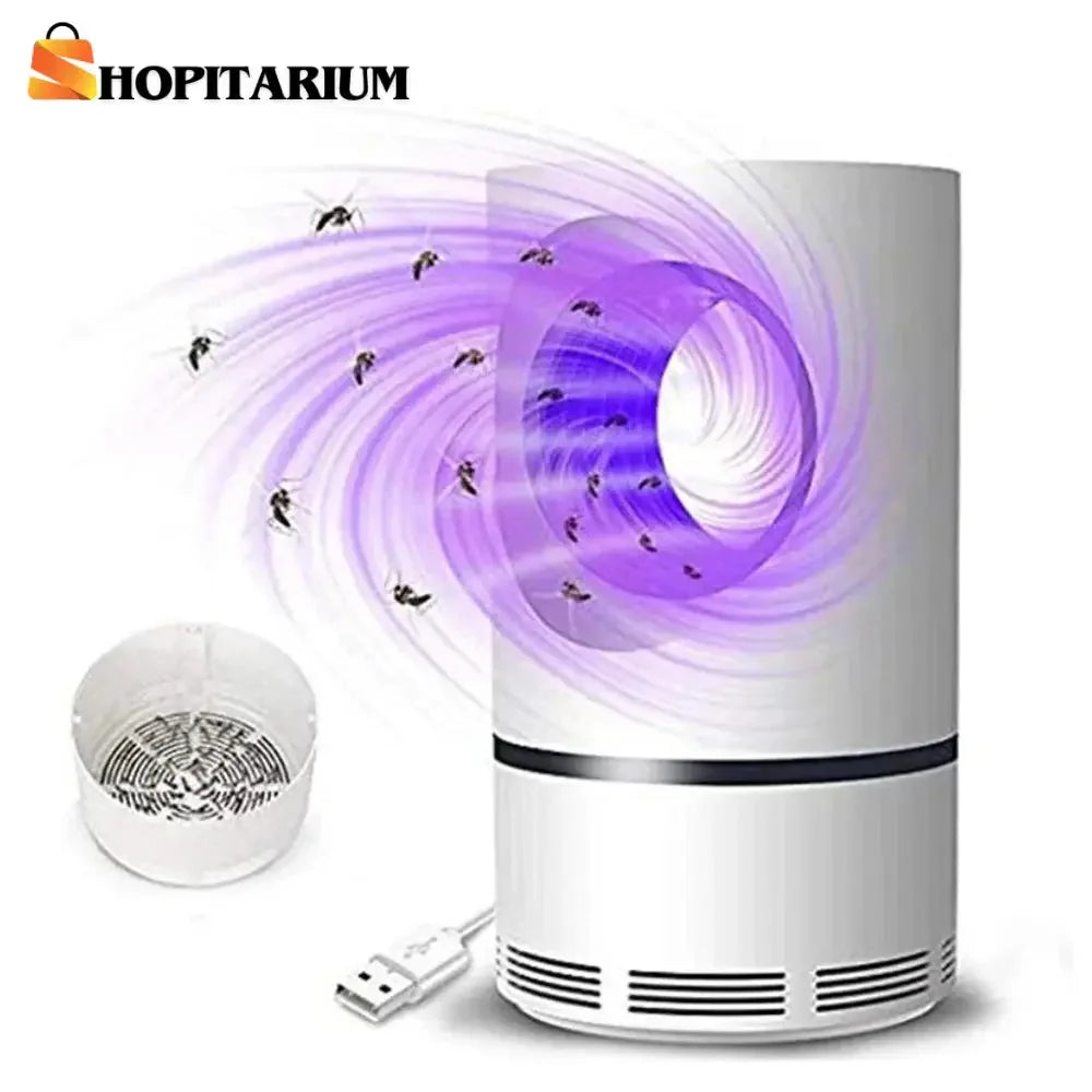 USB-powered white mosquito trap with purple light attracting and capturing mosquitoes