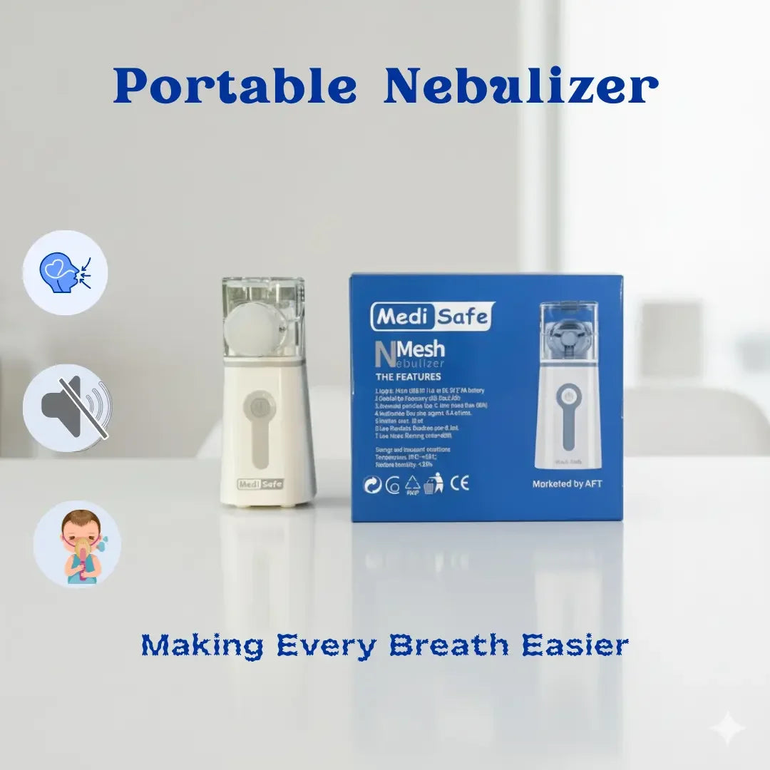 Portable Medi Safe mesh nebulizer device with blue packaging box on white surface
